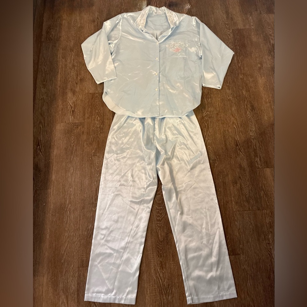 Miss Elaine Satin Pajama Set Blue Short Sleeve Button Top Pants Women’s M